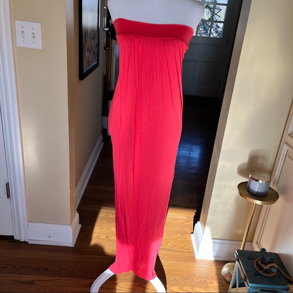 Lani California strapless coral colored crossover tube dress